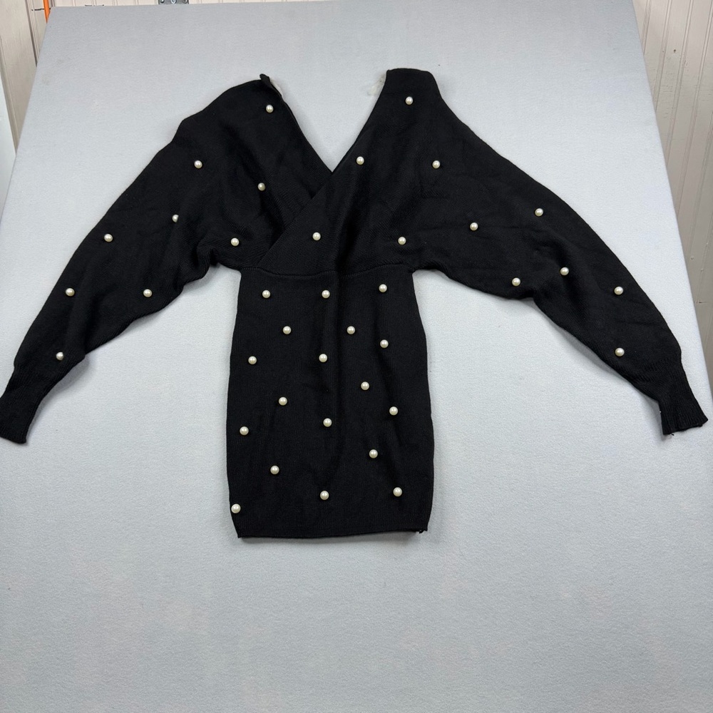 Hot & Delicious Pearl Stud Sweater Dress Black Batwing V Neck S/M NWT